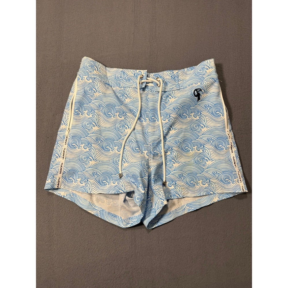 Tucann Mens Blue White Wave Print Swim Trunks Board Shorts Size Medium
